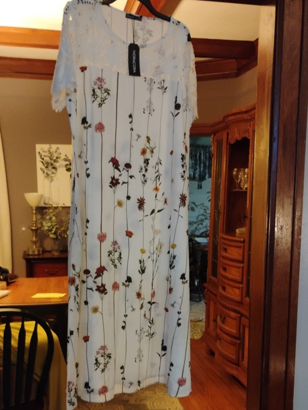 Noble U White Maxi Dress with Multicolor Floral Stripe Print and Lace Yoke